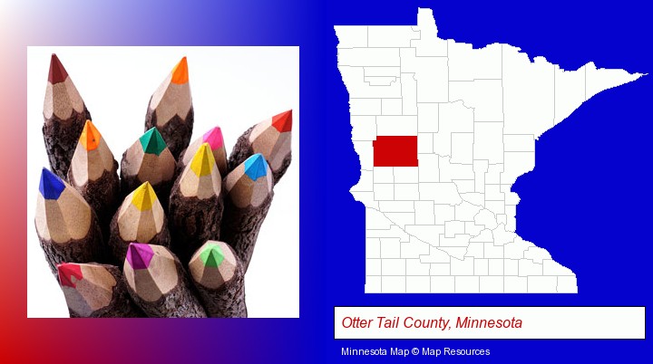 colored pencils; Otter Tail County, Minnesota highlighted in red on a map