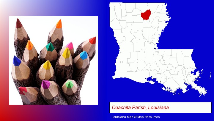 colored pencils; Ouachita Parish, Louisiana highlighted in red on a map