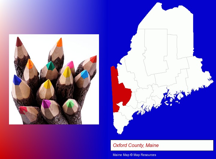 colored pencils; Oxford County, Maine highlighted in red on a map