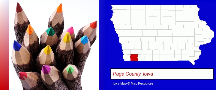 colored pencils; Page County, Iowa highlighted in red on a map