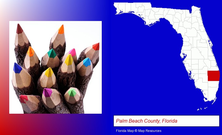 colored pencils; Palm Beach County, Florida highlighted in red on a map