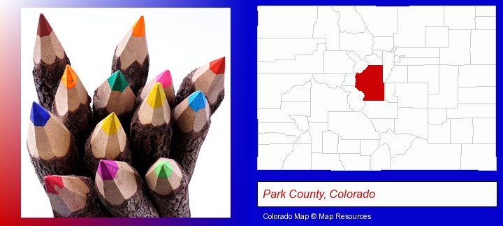 colored pencils; Park County, Colorado highlighted in red on a map
