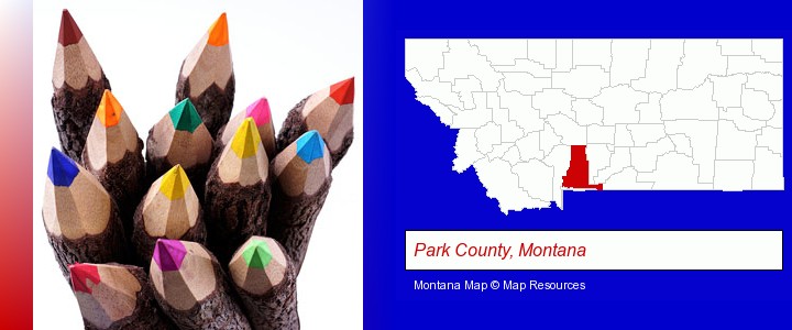colored pencils; Park County, Montana highlighted in red on a map