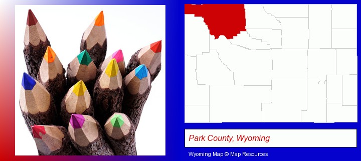 colored pencils; Park County, Wyoming highlighted in red on a map