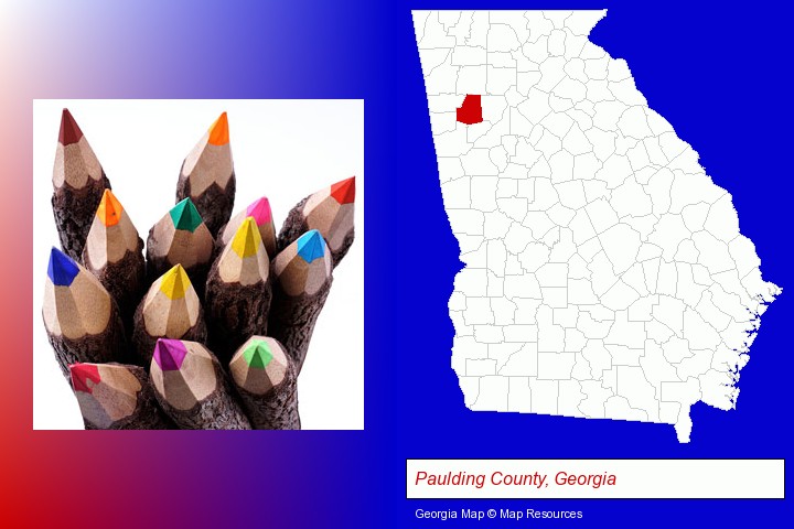 colored pencils; Paulding County, Georgia highlighted in red on a map