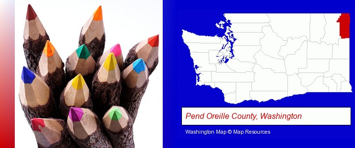 colored pencils; Pend Oreille County, Washington highlighted in red on a map