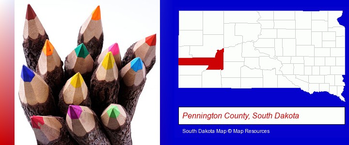 colored pencils; Pennington County, South Dakota highlighted in red on a map