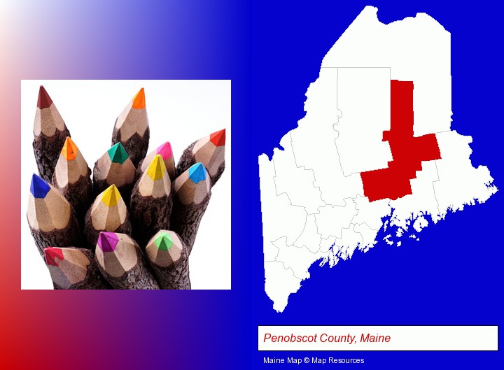colored pencils; Penobscot County, Maine highlighted in red on a map