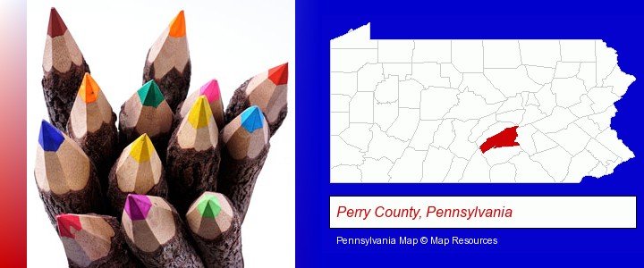 colored pencils; Perry County, Pennsylvania highlighted in red on a map