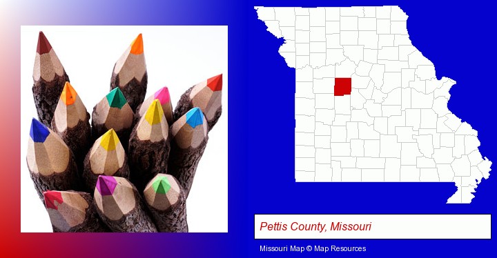 colored pencils; Pettis County, Missouri highlighted in red on a map