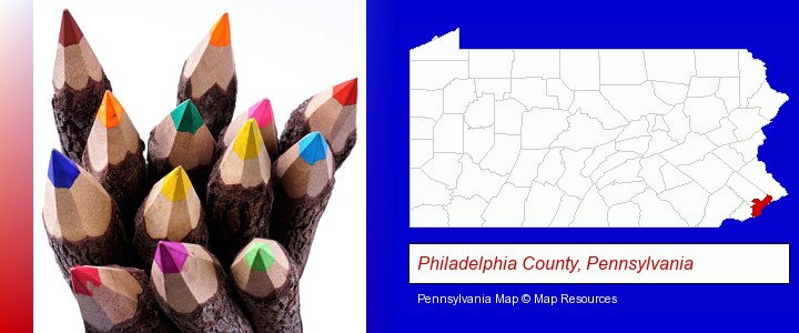 colored pencils; Philadelphia County, Pennsylvania highlighted in red on a map