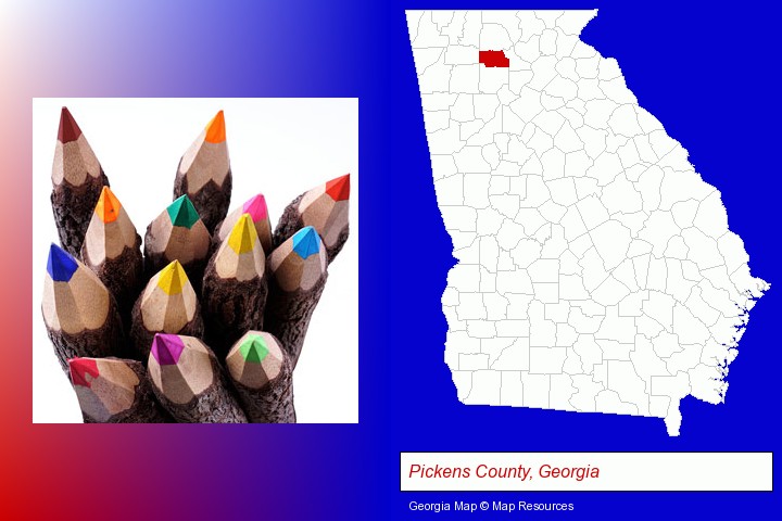 colored pencils; Pickens County, Georgia highlighted in red on a map