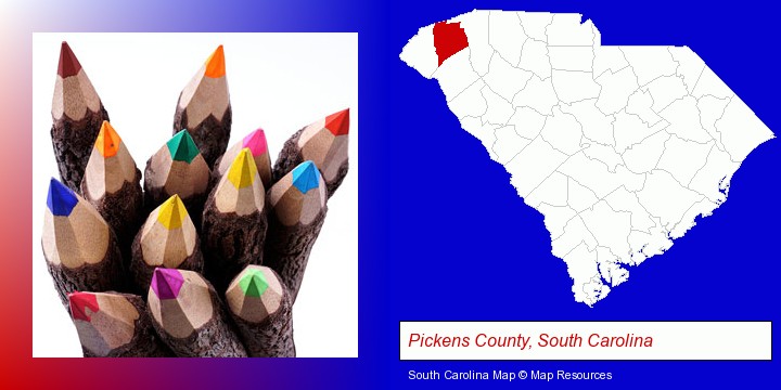 colored pencils; Pickens County, South Carolina highlighted in red on a map