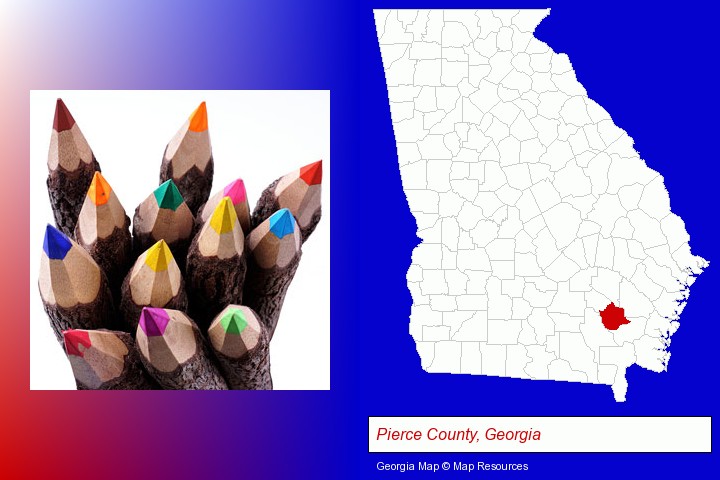 colored pencils; Pierce County, Georgia highlighted in red on a map