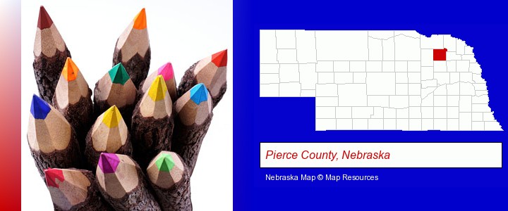 colored pencils; Pierce County, Nebraska highlighted in red on a map