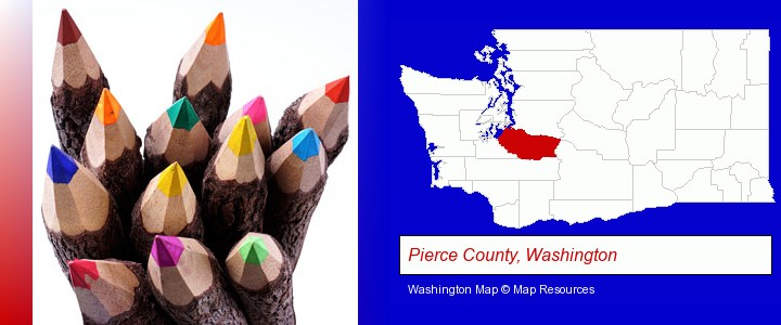 colored pencils; Pierce County, Washington highlighted in red on a map