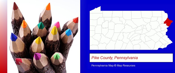 colored pencils; Pike County, Pennsylvania highlighted in red on a map
