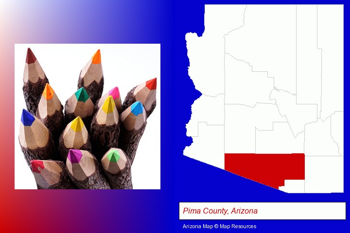 colored pencils; Pima County, Arizona highlighted in red on a map