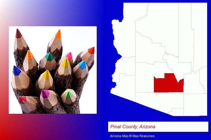 colored pencils; Pinal County, Arizona highlighted in red on a map