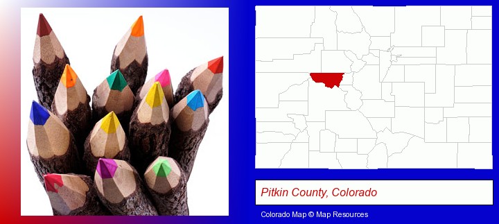 colored pencils; Pitkin County, Colorado highlighted in red on a map