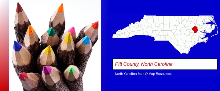 colored pencils; Pitt County, North Carolina highlighted in red on a map