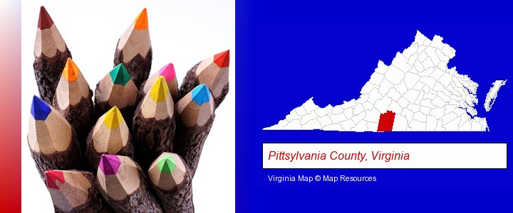 colored pencils; Pittsylvania County, Virginia highlighted in red on a map