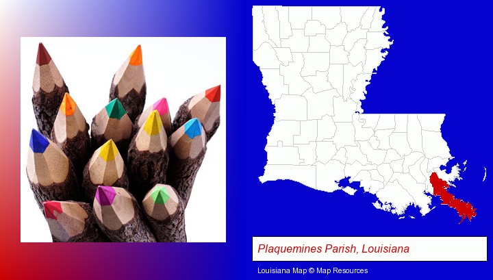 colored pencils; Plaquemines Parish, Louisiana highlighted in red on a map