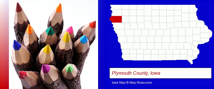 colored pencils; Plymouth County, Iowa highlighted in red on a map