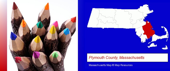 colored pencils; Plymouth County, Massachusetts highlighted in red on a map