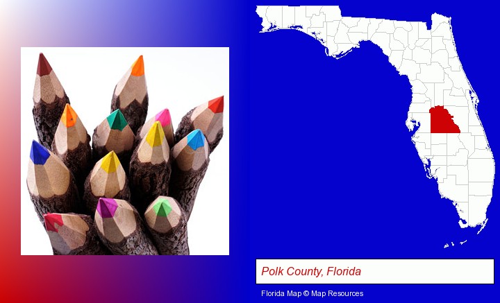 colored pencils; Polk County, Florida highlighted in red on a map