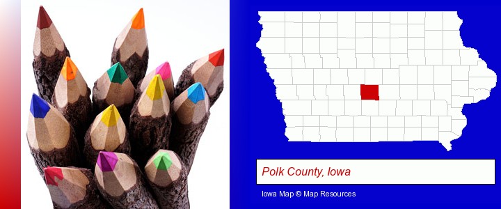 colored pencils; Polk County, Iowa highlighted in red on a map