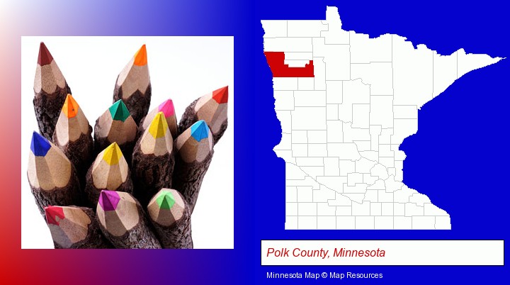 colored pencils; Polk County, Minnesota highlighted in red on a map