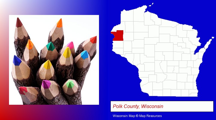 colored pencils; Polk County, Wisconsin highlighted in red on a map