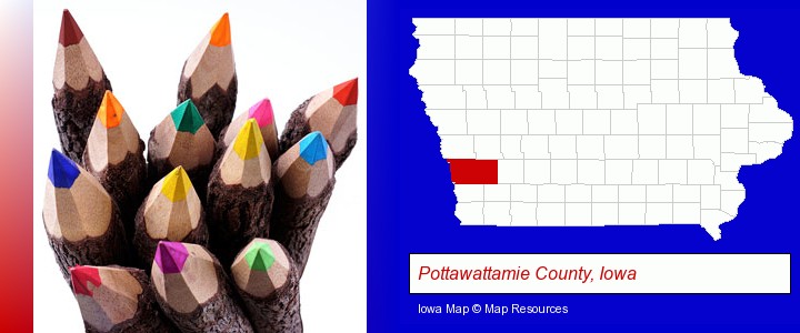 colored pencils; Pottawattamie County, Iowa highlighted in red on a map