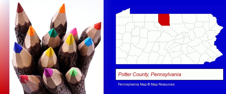 colored pencils; Potter County, Pennsylvania highlighted in red on a map