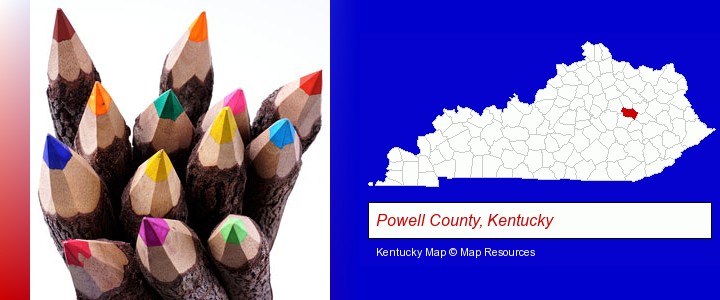 colored pencils; Powell County, Kentucky highlighted in red on a map
