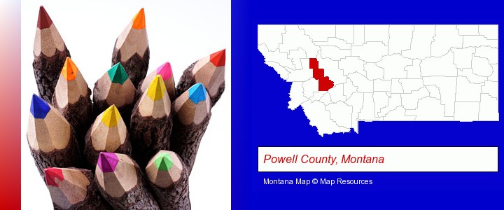 colored pencils; Powell County, Montana highlighted in red on a map