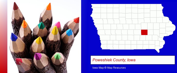 colored pencils; Poweshiek County, Iowa highlighted in red on a map