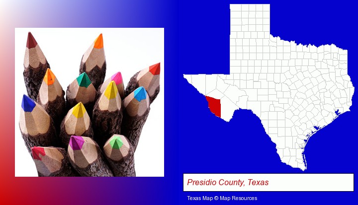 colored pencils; Presidio County, Texas highlighted in red on a map