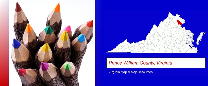 colored pencils; Prince William County, Virginia highlighted in red on a map