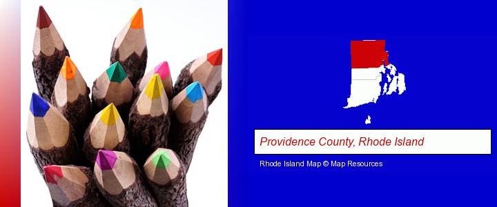 colored pencils; Providence County, Rhode Island highlighted in red on a map