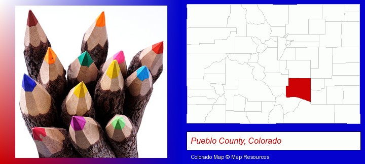 colored pencils; Pueblo County, Colorado highlighted in red on a map
