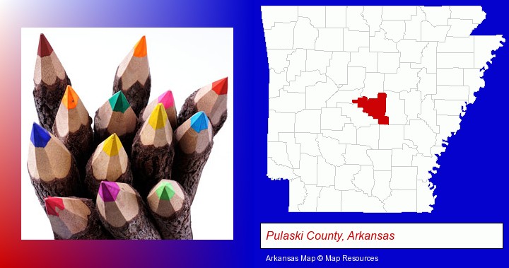 colored pencils; Pulaski County, Arkansas highlighted in red on a map