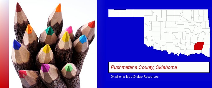 colored pencils; Pushmataha County, Oklahoma highlighted in red on a map