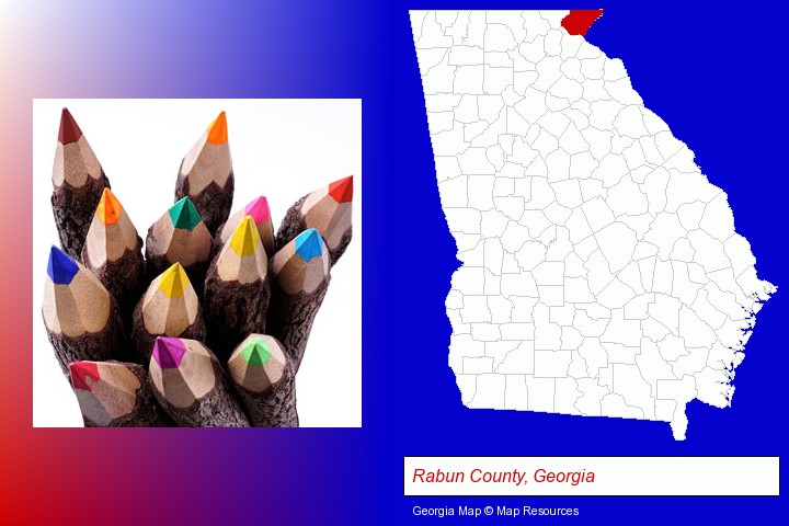 colored pencils; Rabun County, Georgia highlighted in red on a map