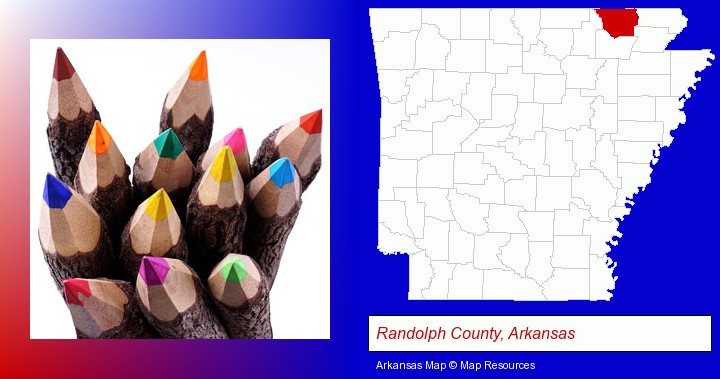colored pencils; Randolph County, Arkansas highlighted in red on a map