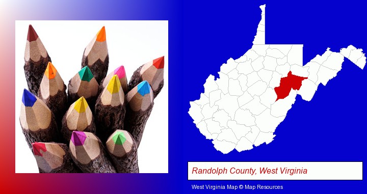 colored pencils; Randolph County, West Virginia highlighted in red on a map