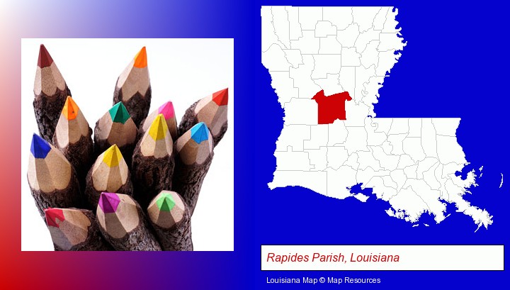 colored pencils; Rapides Parish, Louisiana highlighted in red on a map