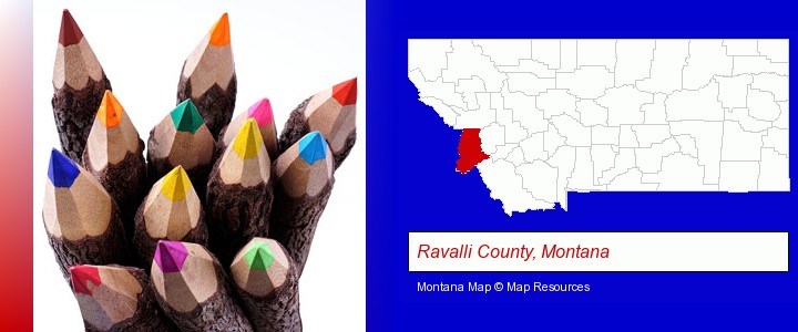 colored pencils; Ravalli County, Montana highlighted in red on a map