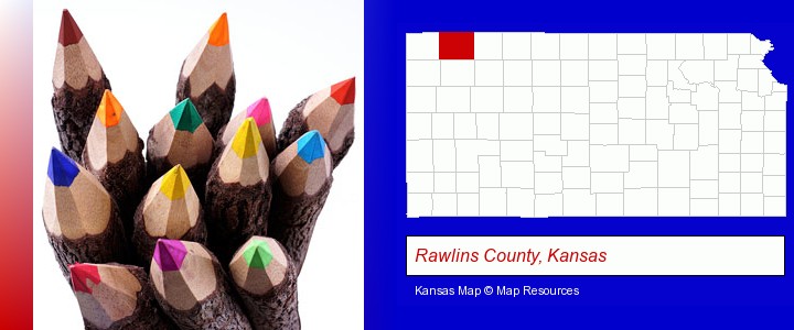 colored pencils; Rawlins County, Kansas highlighted in red on a map